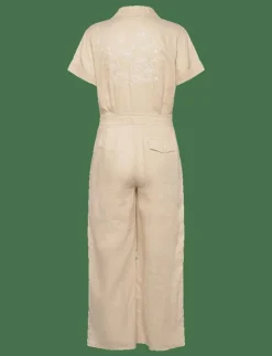 Embroidered Linen Short-Sleeve Jumpsuit - Jumpsuits