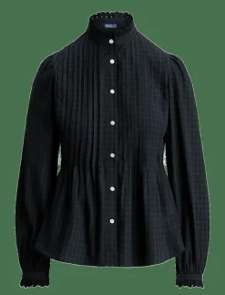 Pintucked Plaid Cotton Shirt - Långärmade