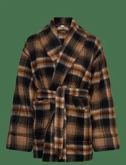 Plaid Wool-Blend Shawl-Collar Wrap Coat - Ullkappor