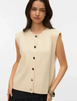 VMGOLD SL O-NECK BUTTON VEST BOO - Stickade västar