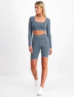 Washed Denim Seamless Biker Shorts - Träningstights